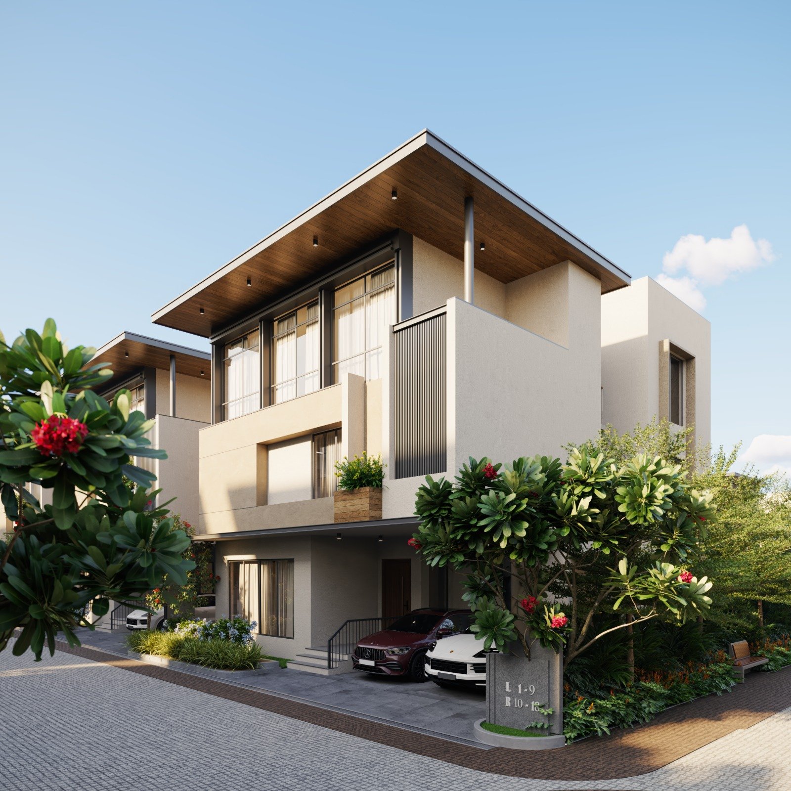 A Zenora villa with a deep timber soffit and planted front garden